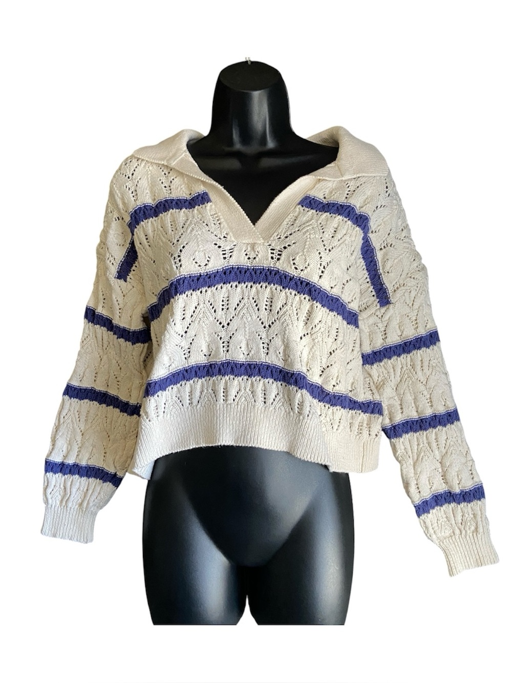 Universal Thread | Open Knit Stripped Long Sleeve V-Neck Preppy Coastal | Size M